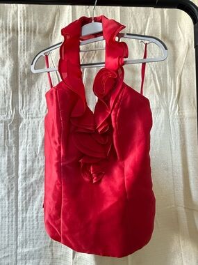 White House Black Market Red Silk Halter with Ruffle Rose